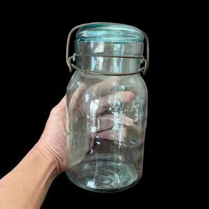 Atlas EZ Seal Aqua Glass Jar Wire Bail Lid Canning Antique Blue Jar Collectible